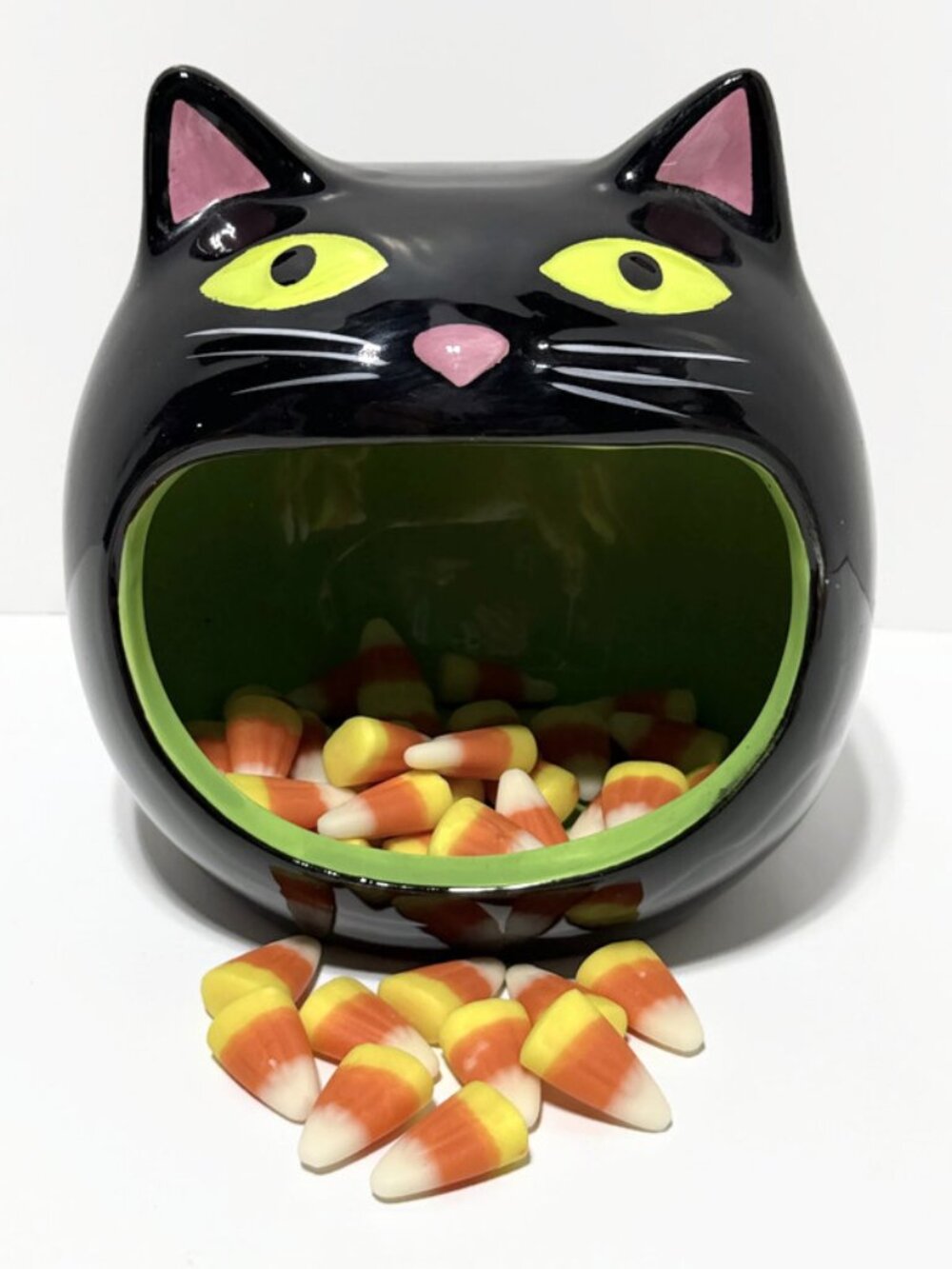 Halloween Black Cat Candy Dish, Open Mouth, Green Interior /Sponge Holder